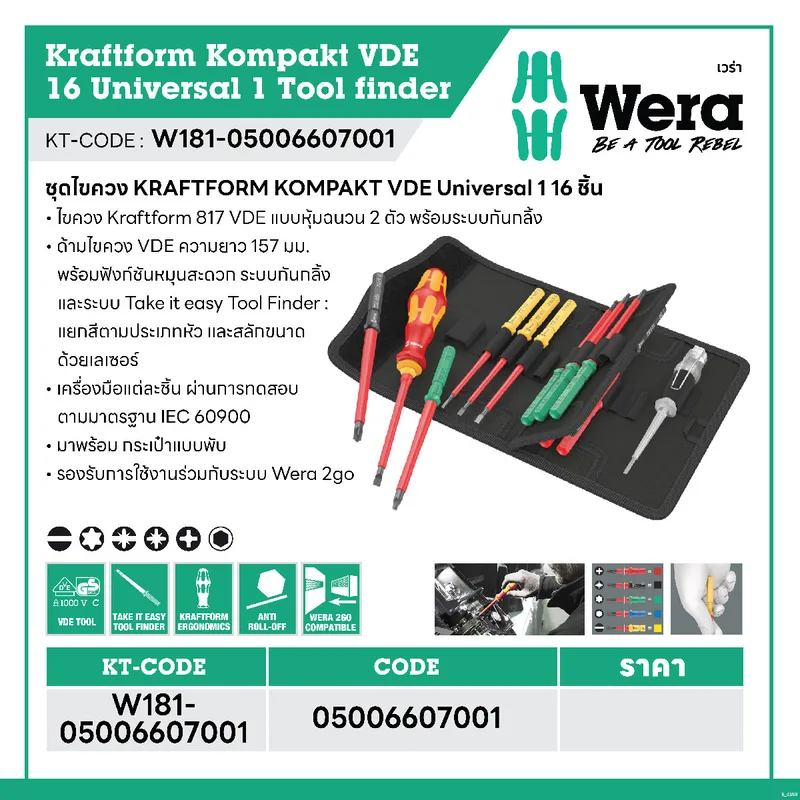 WERA ชุดไขควง Kraftform Kompakt VDE 16 Universal 1 Tool finder รุ่น 05006607001