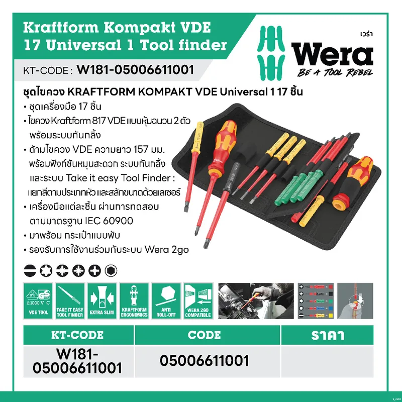 WERA ชุดไขควง Kraftform Kompakt VDE 17 Universal 1 Tool finder รุ่น 05006611001