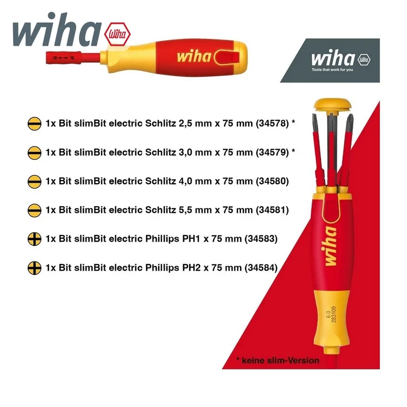WIHA ไขควงกันไฟแบบมีช่องเก็บบิตในตัว LiftUp Electric หัวแบน/แฉก ปลาย slimBit 6 ชิ้น ร - Image 3